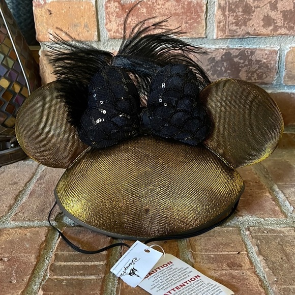 NWT Disney Park Mickey Minnie Gold Ears Sequined Bow Feather - Picture 1 of 9